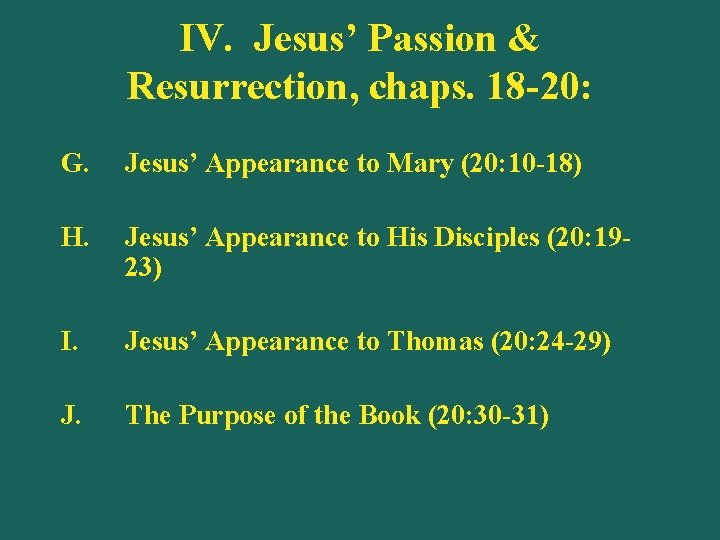 IV. Jesus’ Passion & Resurrection, chaps. 18 -20: G. Jesus’ Appearance to Mary (20: