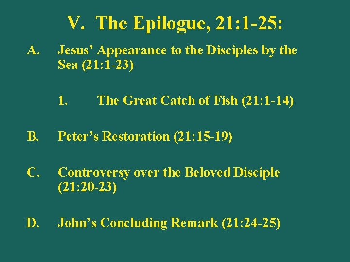 V. The Epilogue, 21: 1 -25: A. Jesus’ Appearance to the Disciples by the