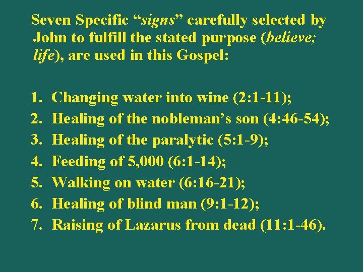Seven Specific “signs” carefully selected by John to fulfill the stated purpose (believe; life),