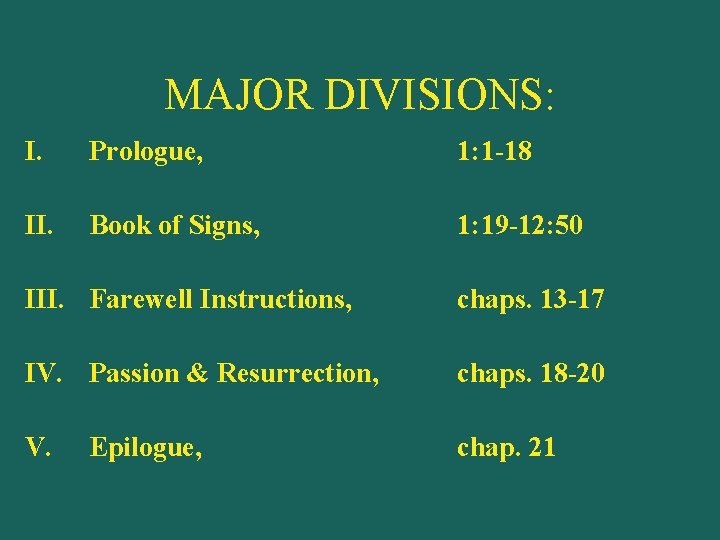 MAJOR DIVISIONS: I. Prologue, 1: 1 -18 II. Book of Signs, 1: 19 -12: