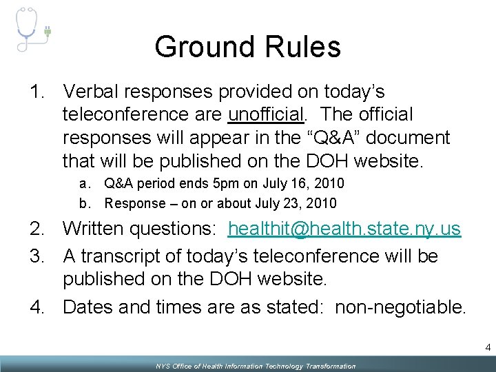 Ground Rules 1. Verbal responses provided on today’s teleconference are unofficial. The official responses