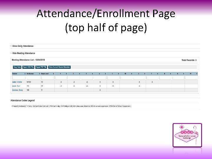 Attendance/Enrollment Page (top half of page) 