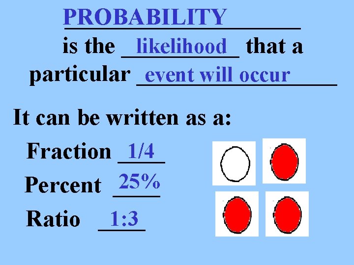 __________ PROBABILITY is the _____ likelihood that a particular _________ event will occur It