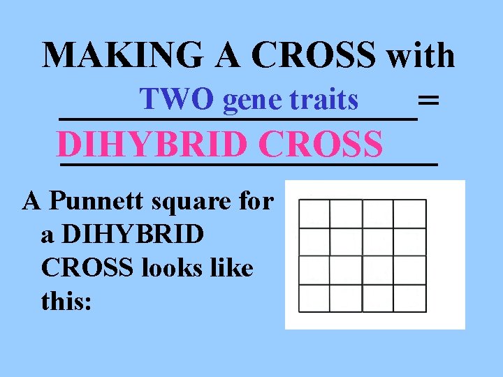 MAKING A CROSS with TWO gene traits __________= DIHYBRID CROSS __________ A Punnett square