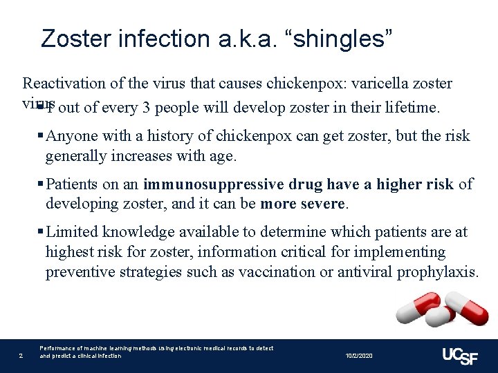 Zoster infection a. k. a. “shingles” Reactivation of the virus that causes chickenpox: varicella