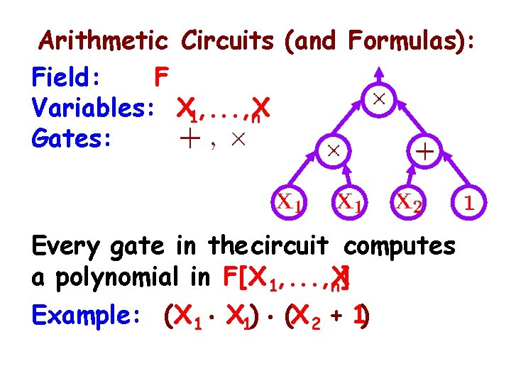 Arithmetic Circuits (and Formulas): Field: F Variables: X 1, . . . , X