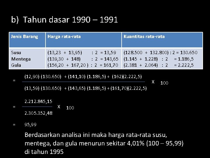 b) Tahun dasar 1990 – 1991 Jenis Barang Harga rata-rata Susu Mentega Gula (13,