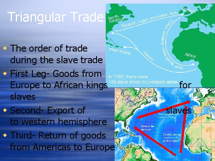 Triangular Trade w The order of trade during the slave trade w First Leg- Triangular Trade w The order of trade during the slave trade w First Leg-