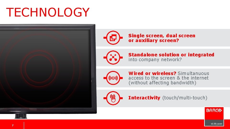TECHNOLOGY Single screen, dual screen or auxiliary screen? Standalone solution or integrated into company TECHNOLOGY Single screen, dual screen or auxiliary screen? Standalone solution or integrated into company