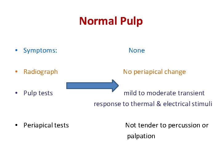 Normal Pulp • Symptoms: None • Radiograph No periapical change • Pulp tests mild Normal Pulp • Symptoms: None • Radiograph No periapical change • Pulp tests mild