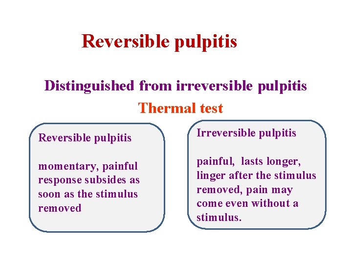 Reversible pulpitis Distinguished from irreversible pulpitis Thermal test Reversible pulpitis Irreversible pulpitis momentary, painful Reversible pulpitis Distinguished from irreversible pulpitis Thermal test Reversible pulpitis Irreversible pulpitis momentary, painful