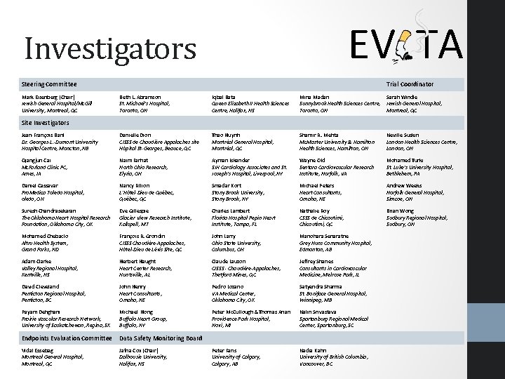 EV TA Investigators Steering Committee Mark Eisenberg (Chair) Jewish General Hospital/Mc. Gill University, Montreal, EV TA Investigators Steering Committee Mark Eisenberg (Chair) Jewish General Hospital/Mc. Gill University, Montreal,