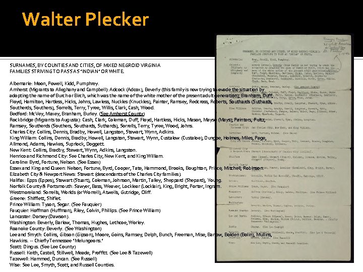 Walter Plecker SURNAMES, BY COUNTIES AND CITIES, OF MIXED NEGROID VIRGINIA FAMILIES STRIVING TO