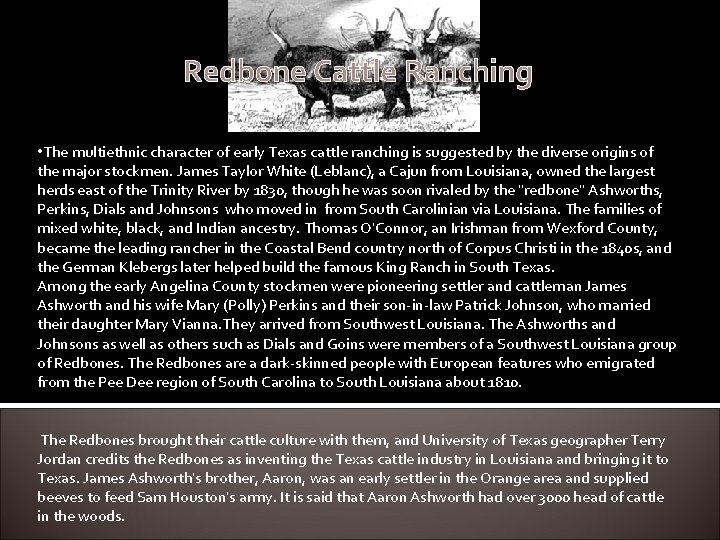 Redbone Cattle Ranching • The multiethnic character of early Texas cattle ranching is suggested