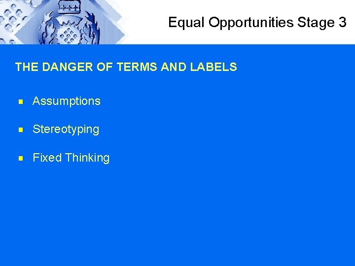 Equal Opportunities Stage 3 THE DANGER OF TERMS AND LABELS g Assumptions g Stereotyping