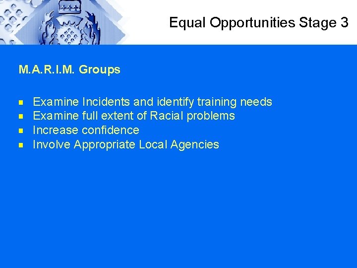 Equal Opportunities Stage 3 M. A. R. I. M. Groups g g Examine Incidents