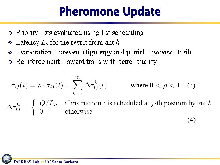 Pheromone Update v v Priority lists evaluated using list scheduling Latency Lh for the