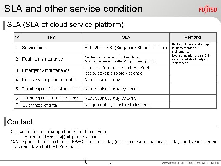 SLA and other service condition 　SLA (SLA of cloud service platform) № Item SLA