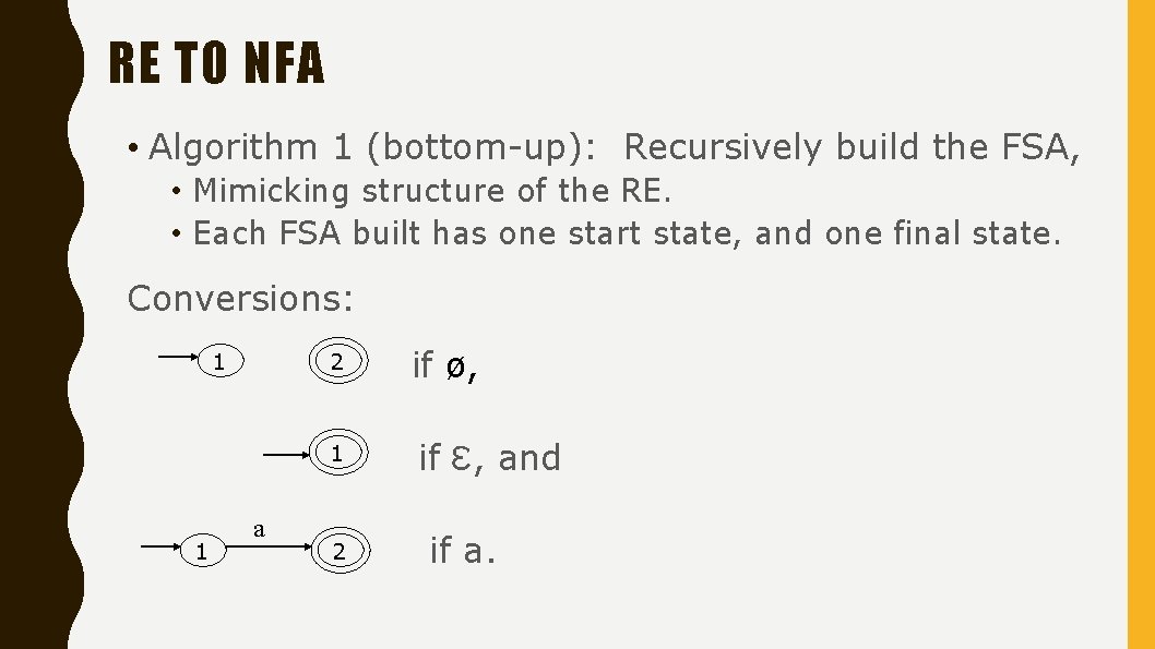 RE TO NFA • Algorithm 1 (bottom-up): Recursively build the FSA, • Mimicking structure