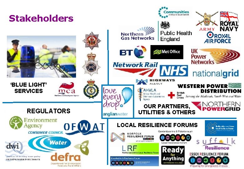 Stakeholders ‘BLUE LIGHT’ SERVICES REGULATORS OUR PARTNERS, UTILITIES & OTHERS LOCAL RESILIENCE FORUMS 
