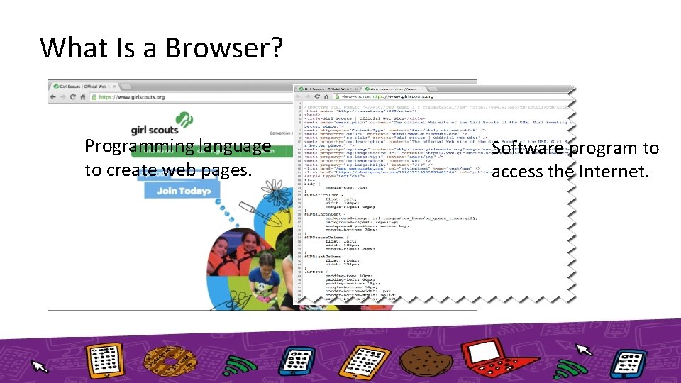 What Is a Browser? Programming language to create web pages. Software program to access