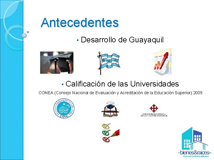 Antecedentes • Desarrollo de Guayaquil • Calificación de las Universidades CONEA (Consejo Nacional de