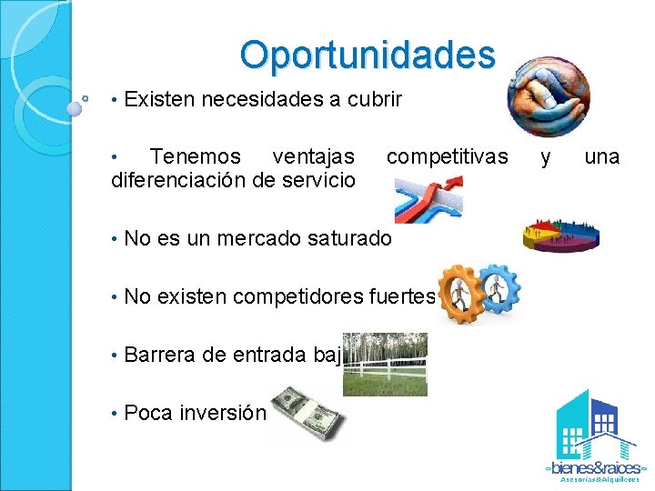 Oportunidades • Existen necesidades a cubrir • Tenemos ventajas diferenciación de servicio competitivas •