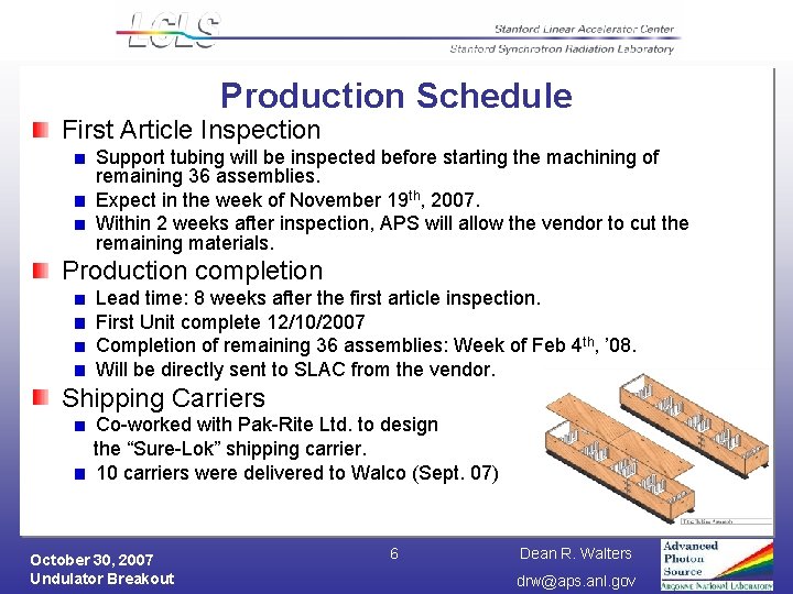 Production Schedule First Article Inspection Support tubing will be inspected before starting the machining