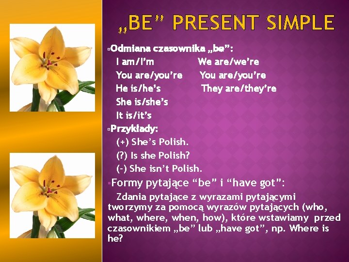 „BE” PRESENT SIMPLE §Odmiana czasownika „be”: I am/I’m We are/we’re You are/you’re He is/he’s