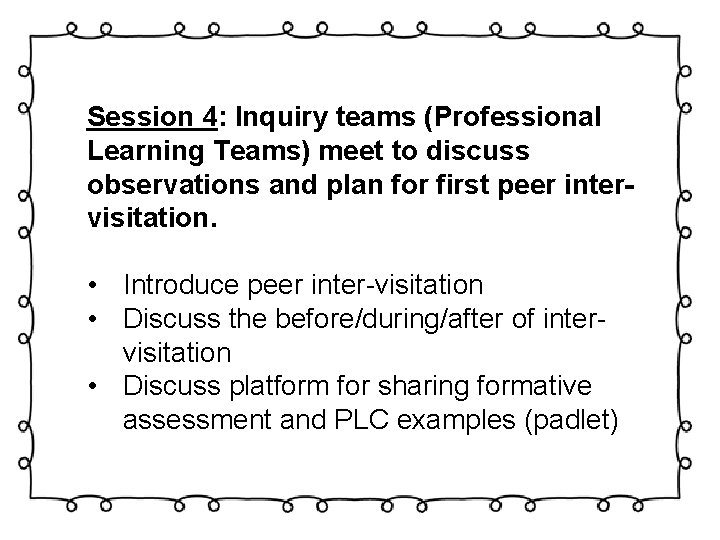 Session 4: Inquiry teams (Professional Learning Teams) meet to discuss observations and plan for