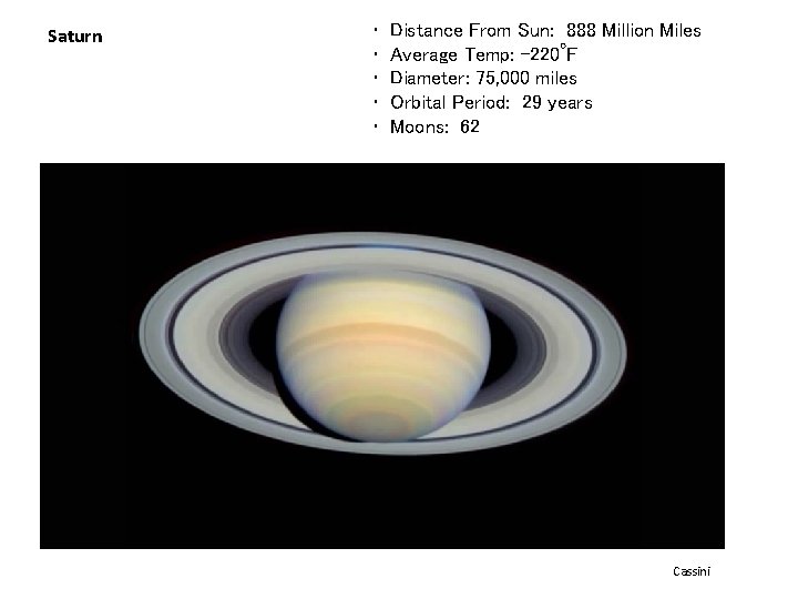 Saturn • • • Distance From Sun: 888 Million Miles o Average Temp: -220