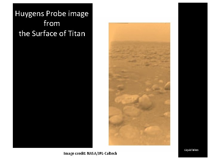 Huygens Probe image from the Surface of Titan Image credit: NASA/JPL-Caltech Liquid lakes Huygens Probe image from the Surface of Titan Image credit: NASA/JPL-Caltech Liquid lakes