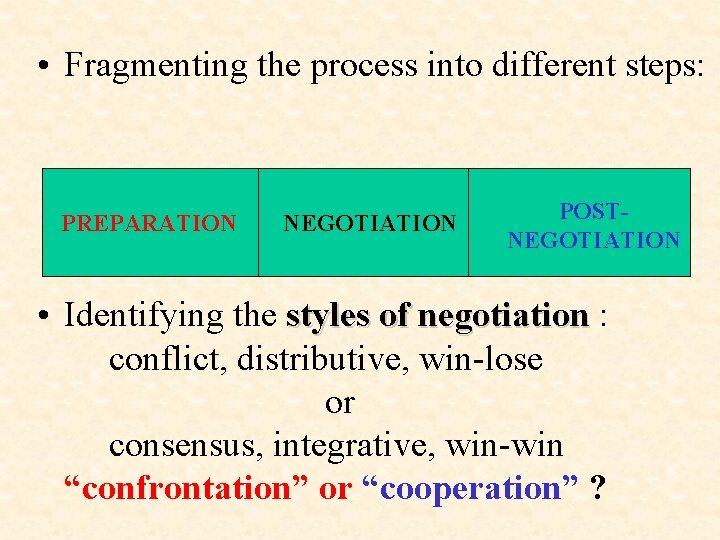  • Fragmenting the process into different steps: PREPARATION NEGOTIATION POSTNEGOTIATION • Identifying the