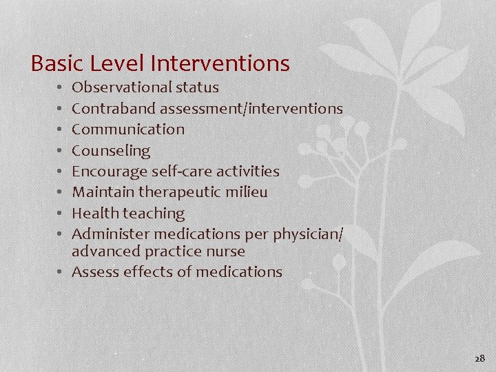 Basic Level Interventions Observational status Contraband assessment/interventions Communication Counseling Encourage self-care activities Maintain therapeutic