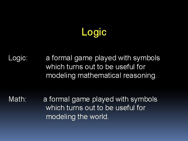 Logic: Math: a formal game played with symbols which turns out to be useful