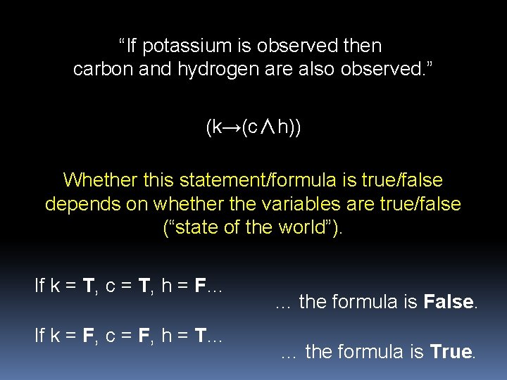 “If potassium is observed then carbon and hydrogen are also observed. ” (k→(c∧h)) Whether