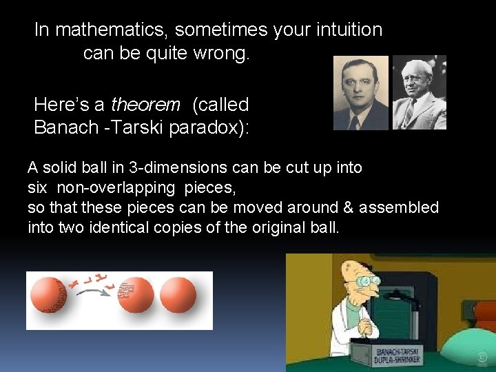 In mathematics, sometimes your intuition can be quite wrong. Here’s a theorem (called Banach
