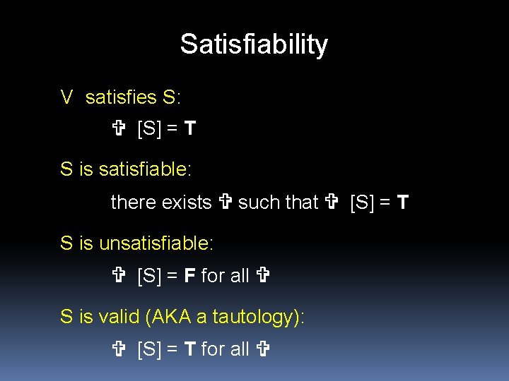 Satisfiability V satisfies S: V [S] = T S is satisfiable: there exists V