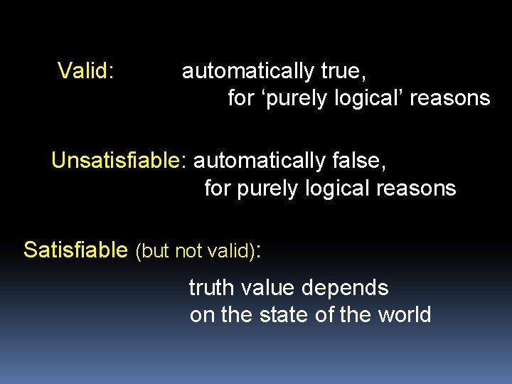 Valid: automatically true, for ‘purely logical’ reasons Unsatisfiable: automatically false, for purely logical reasons