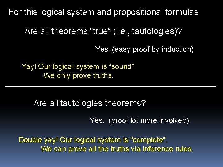 For this logical system and propositional formulas Are all theorems “true” (i. e. ,