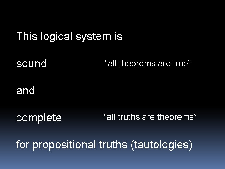 This logical system is sound “all theorems are true” and complete “all truths are