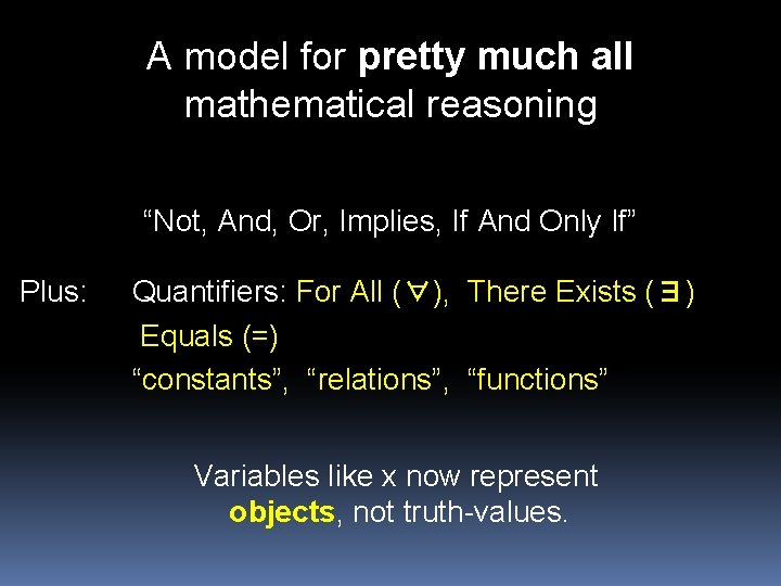 A model for pretty much all mathematical reasoning “Not, And, Or, Implies, If And