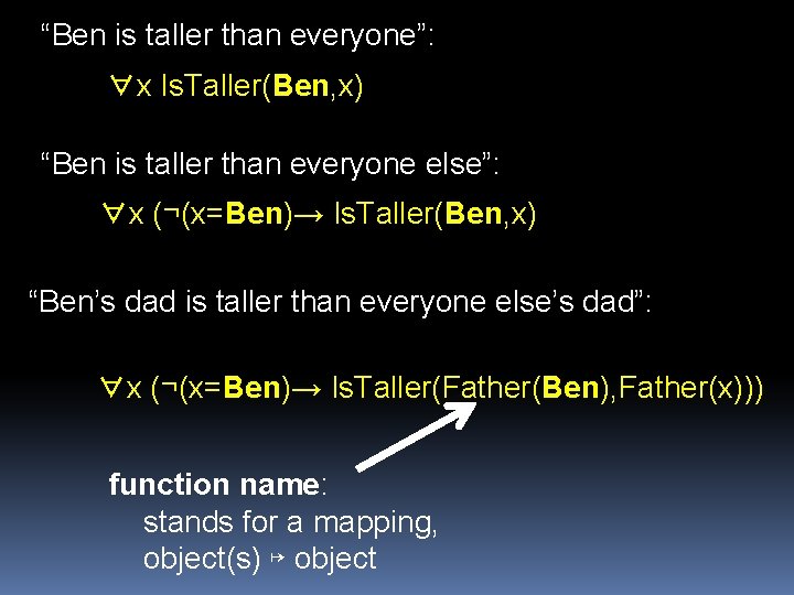 “Ben is taller than everyone”: ∀x Is. Taller(Ben, x) “Ben is taller than everyone