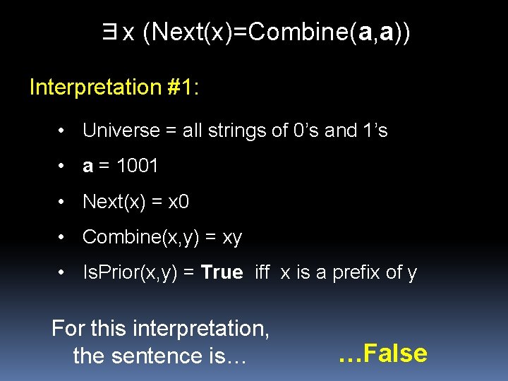 ∃x (Next(x)=Combine(a, a)) Interpretation #1: • Universe = all strings of 0’s and 1’s