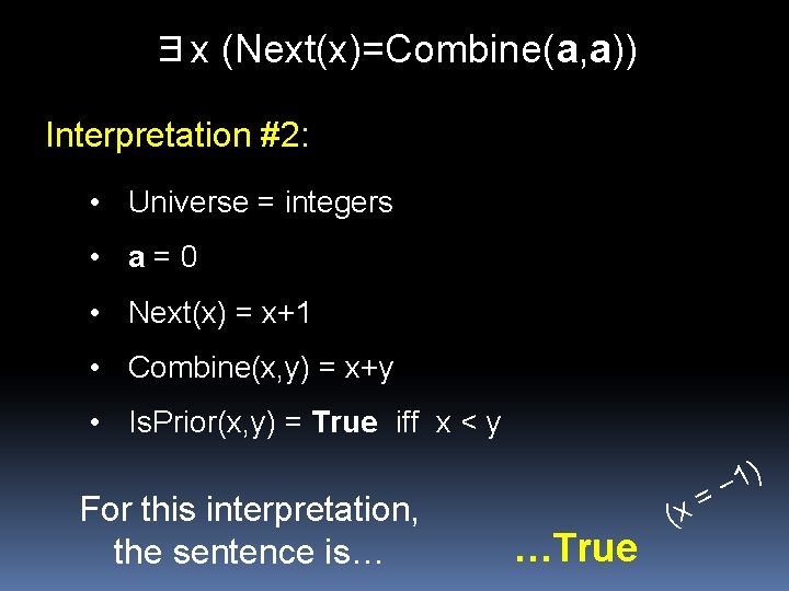 ∃x (Next(x)=Combine(a, a)) Interpretation #2: • Universe = integers • a=0 • Next(x) =