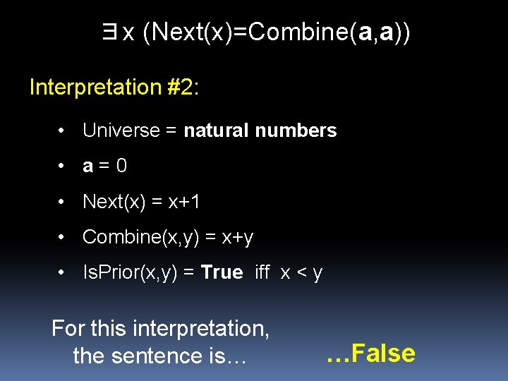 ∃x (Next(x)=Combine(a, a)) Interpretation #2: • Universe = natural numbers • a=0 • Next(x)