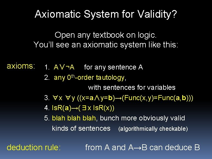 Axiomatic System for Validity? Open any textbook on logic. You’ll see an axiomatic system