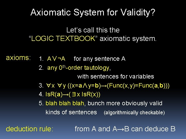 Axiomatic System for Validity? Let’s call this the “LOGIC TEXTBOOK” axiomatic system. axioms: 1.