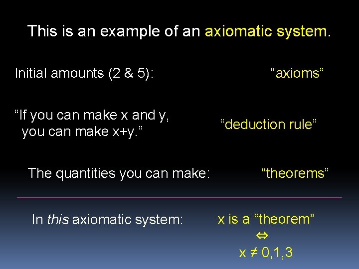 This is an example of an axiomatic system. Initial amounts (2 & 5): “If