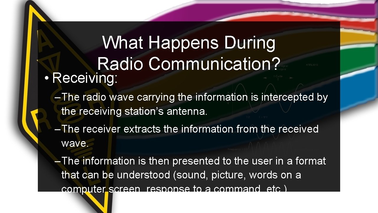 What Happens During Radio Communication? • Receiving: – The radio wave carrying the information